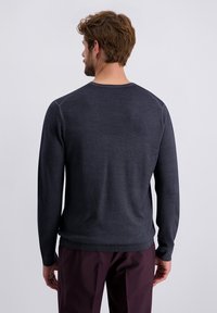 Donkergrijze lange mouwen trui met een ronde hals en een geribbelde zoom. Heeft een gladde textuur en raglan mouwen. Achteraanzicht alleen.