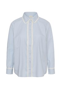 Light blue long-sleeve blouse with white scalloped lace trim along button placket, collar edges, and cuffs, buttoned front closure.