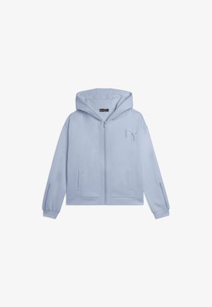 Felpa leggera con cappuccio azzurro chiaro, zip frontale, tasche anteriori, cappuccio e piccolo logo "FY" sul petto sinistro e dettagli sui polsini delle maniche.