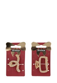 Clip per capelli in tonalità oro in due forme: una è una curva astratta, l'altra un rettangolo, entrambe decorate con strass trasparenti su una scheda rossa.