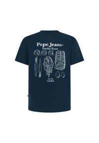 Navy plavi pamučni majica s bijelim tiskanim ilustracijama povrća i natpisom "Pepe Jeans Sunday Roast The Pub London."