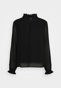 Blusa nera trasparente con maniche lunghe, colletto alto e polsini arricciati, dotata di un'apertura frontale a forma di chiave legata con un cordino.