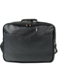 Zwarte synthetische leren laptoptas met een rechthoekige vorm, dubbele ritsen en een klein charmaccessoire aan de rits.