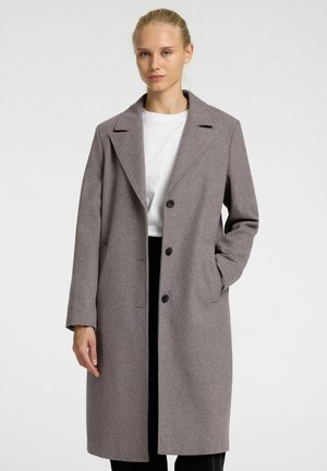 Manteau en laine gris avec un col cranté, un design à un boutonnage et trois boutons. Comprend des poches latérales et une coupe décontractée.