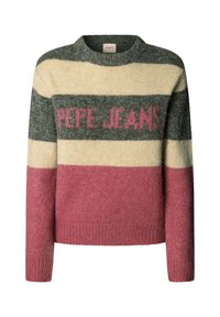 Pull en laine rayé gris, crème et rose avec col rond et inscription "PEPE JEANS" tricotée en lettres roses sur la poitrine.