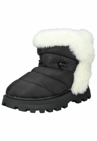 Botte d'hiver noire rembourrée avec un revers en fausse fourrure blanche, semelle en caoutchouc texturé, bout rond et cordon de serrage réglable à la cheville.