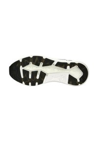 Talpa de încălțăminte sportivă alb-neagră, ce prezintă cauciuc texturat, modele distinctive de tracțiune și un design cu caneluri pentru flexibilitate și aderență.