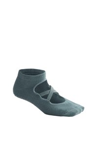 Dunkelgrauer Knöchelsocken mit offenem Bund, zeigt gekreuzte elastische Bänder und getrennte Großzehen-Design für Komfort und Flexibilität.