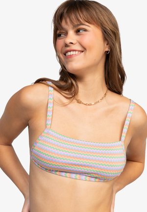 Bikini top in pastel zigzag pattern with thin straps. Features a square neckline and textured fabric. Color palette includes pink, green, and blue.