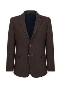 Blazer marrone con taglio dritto, design monopetto, due bottoni e taschino sul petto. Presenta una fodera blu navy e tessuto di lana testurizzato.