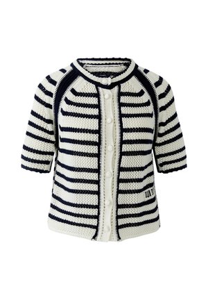 Witte gebreide cardigan met marineblauwe horizontale strepen, korte mouwen, ronde hals, knopen aan de voorkant en een kleine geborduurde detail near de zoom.