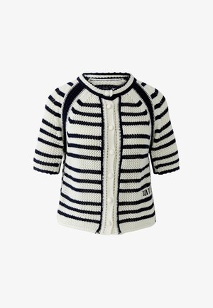 Witte gebreide cardigan met marineblauwe horizontale strepen, korte mouwen, ronde hals, knopen aan de voorkant en een kleine geborduurde detail near de zoom.