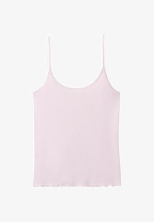 Camisole rose pâle sans manches avec fines bretelles spaghetti et un ourlet légèrement froufrouté sur fond blanc.