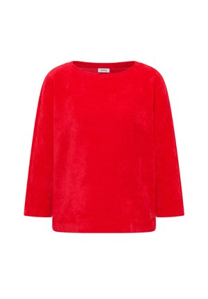 Rode, lange mouwen t-shirt gemaakt van zachte stof. Heeft een ronde halslijn en een eenvoudige, ontspannen pasvorm met minimale details.