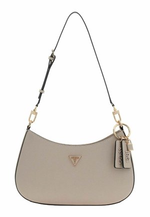 Beige synthetic handbag with a curved shape, gold hardware, detachable shoulder strap, and branded tags, featuring a textured surface.