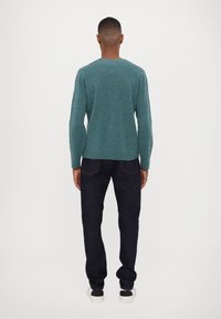 Teal wool sweater with a crew neck, ribbed cuffs, and hem; paired with dark denim jeans and white sneakers; back view.