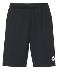 Černé sportovní šortky Adidas s elastickým pasem a bílým logem Adidas na dolní části pravé nohy.