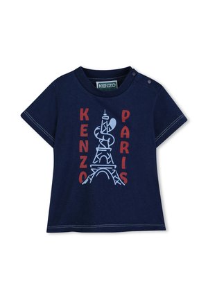 Snoerblauw T-shirt met korte mouwen, met een afbeelding van de Eiffeltoren met "KENZO" in het rood en "PARIS" in het wit. Drukknop aan de schouder.