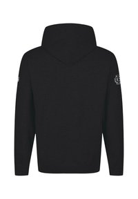 Black hoodie with a large hood, long sleeves, ribbed cuffs, and a small logo on the left sleeve. Fabric appears soft with a smooth texture.