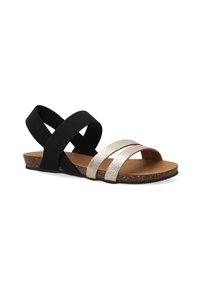 Zwarte elastische kruisbanden met metallic gouden accenten. Kurken zool met een vlak ontwerp. Open teen stijl. Geschikt voor casual wear.