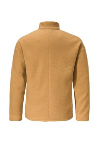 Fleecejacke in hellbrauner Farbe, mit hohem Kragen, langen Ärmeln und strukturiertem Stoff. Verfügt über eine gerade Rückennaht und eine weiche Oberfläche.