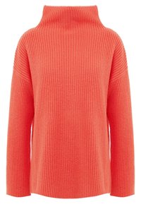 Korálový pletený svetr s vysokým límcem, oversized střihem, žebrovanou texturou a spadlými rameny. Vyrobený z měkkého materiálu s uvolněným designem.