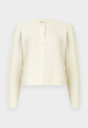 Cream-colored knitted cardigan with long sleeves, crew neck, button closure, and ribbed cuffs and hem, displayed on a white background.