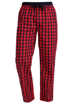 Rote und schwarze karierte Hosen aus leichtem Stoff mit einem elastischen Bund und einem Kordelzug sowie Seitentaschen.