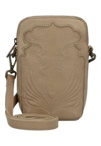 Borsa a tracolla in pelle beige con design floreale in rilievo, chiusura con zip e tracolla regolabile. Superficie texturizzata e dettagli contornati.