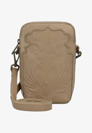 Borsa a tracolla in pelle beige con design floreale in rilievo, chiusura con zip e tracolla regolabile. Superficie texturizzata e dettagli contornati.