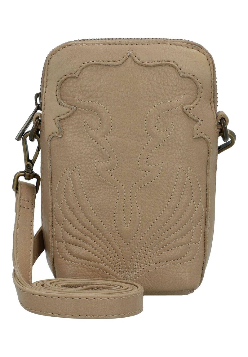 Borsa a tracolla in pelle beige con design floreale in rilievo, chiusura con zip e tracolla regolabile. Superficie texturizzata e dettagli contornati.