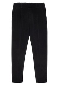 Pantalons noirs ajustés avec une texture lisse, dotés d'une taille cintrée, de poches latérales et de ourlets à revers. Taille mi-haute avec des plis à l'avant.
