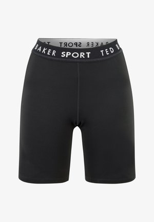 Zwarte strakke sportshorts met een elastische tailleband en witte "TED BAKER SPORT" letters.