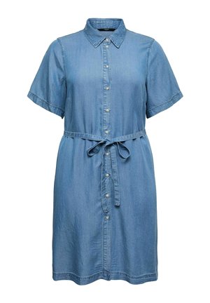 Világoskék rövid ujjú farmering ruha elöl gombokkal, hegyes gallérral és derékvonó övvel.