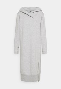 Ljusgrå långärmad hoodie-klänning med ribbade ärmslut och fåll, med en dragkedjedetalj på den nedre sidan.