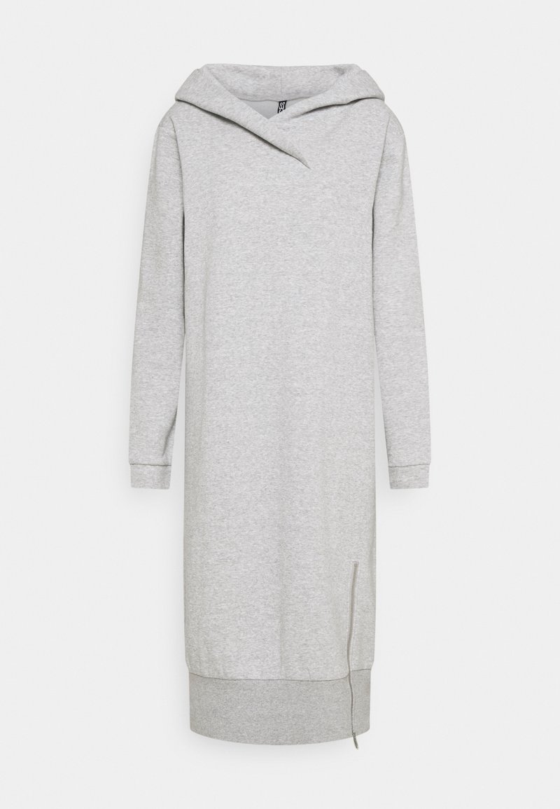 Ljusgrå långärmad hoodie-klänning med ribbade ärmslut och fåll, med en dragkedjedetalj på den nedre sidan.