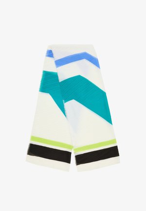 Kleurige sjaal met een geometrisch patroon in tinten van blauw, teal, groen en zwart. Gemaakt van lichtgewicht, textuurstof.