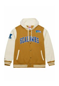 Braune und cremefarbene Kapuzenjacke mit blauen "SEAHAWKS"-Schriftzügen, Seitentaschen und gestreiften Bündchen. Aufgestickte Logos auf den Ärmeln.