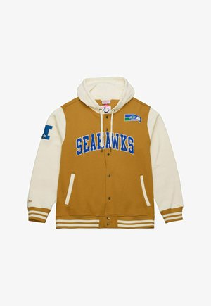 Braune und cremefarbene Kapuzenjacke mit blauen "SEAHAWKS"-Schriftzügen, Seitentaschen und gestreiften Bündchen. Aufgestickte Logos auf den Ärmeln.
