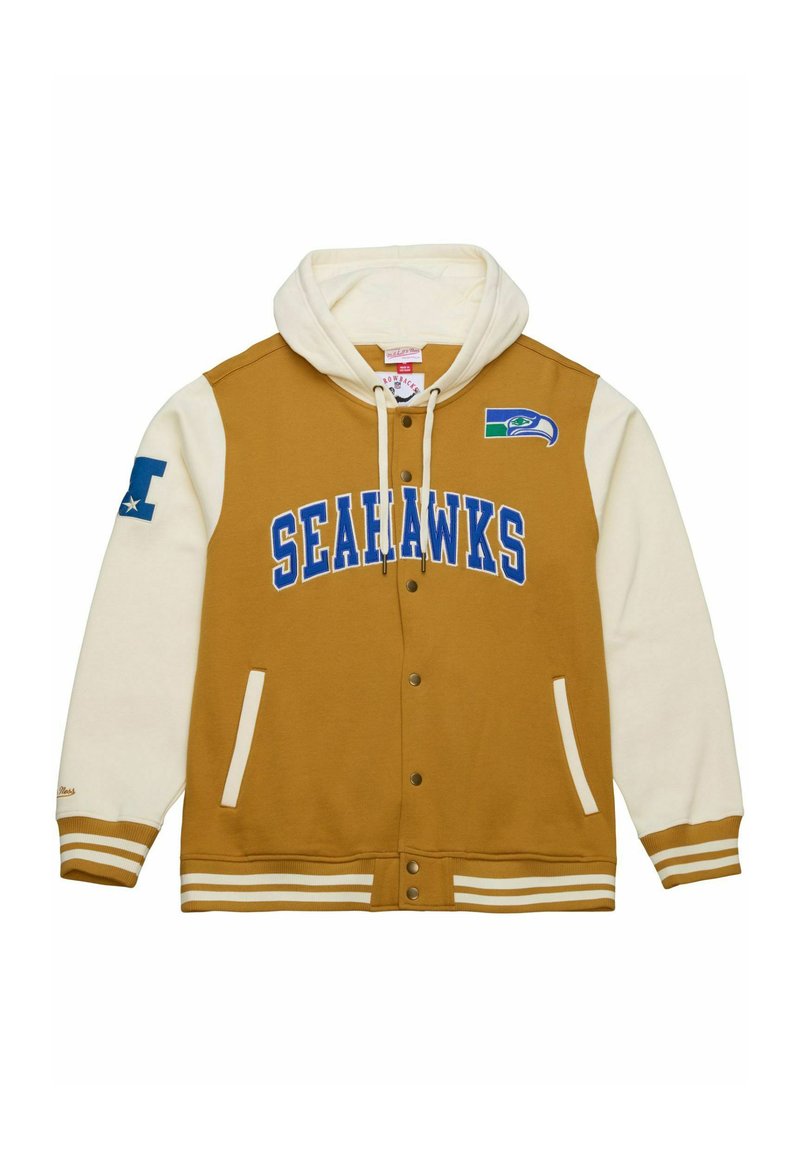 Braune und cremefarbene Kapuzenjacke mit blauen "SEAHAWKS"-Schriftzügen, Seitentaschen und gestreiften Bündchen. Aufgestickte Logos auf den Ärmeln.