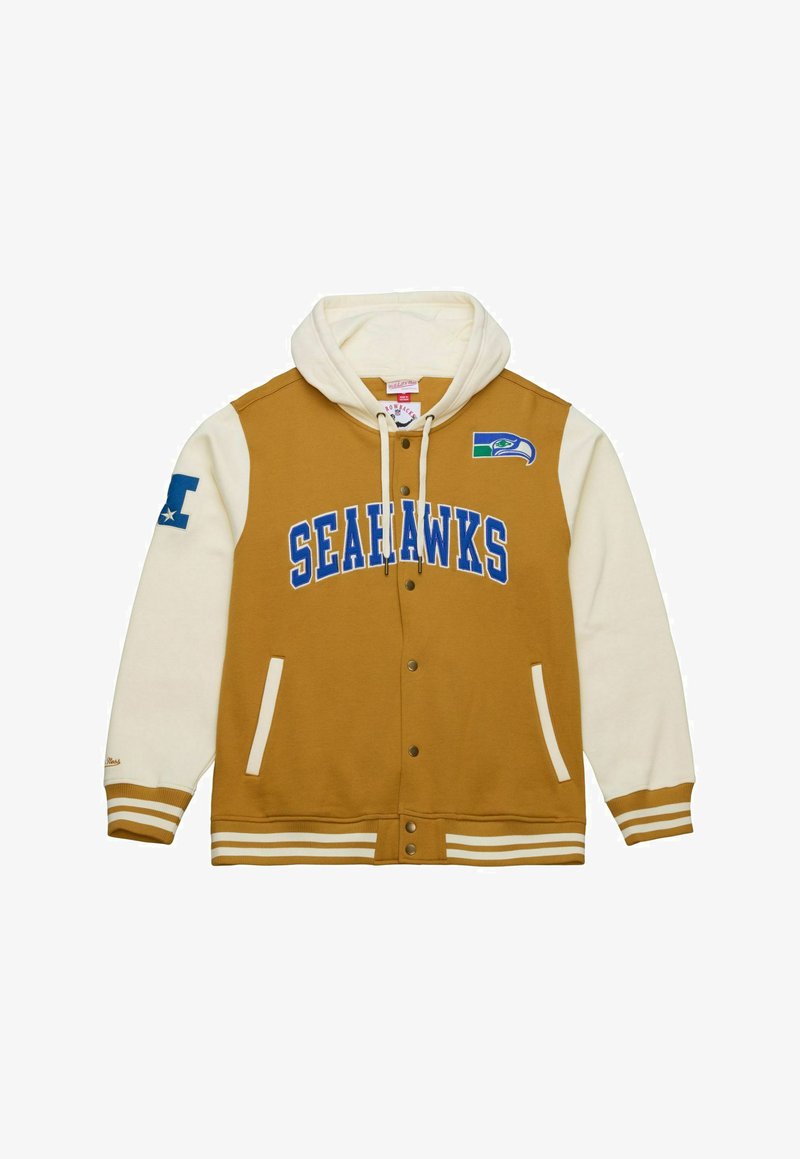 Braune und cremefarbene Kapuzenjacke mit blauen "SEAHAWKS"-Schriftzügen, Seitentaschen und gestreiften Bündchen. Aufgestickte Logos auf den Ärmeln.