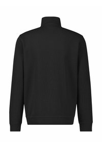 Czarna bluza z wysokim kołnierzem, długimi rękawami, ściągaczami na mankietach i gładką fakturą. Tył bez dodatkowych detali ani wzorów.