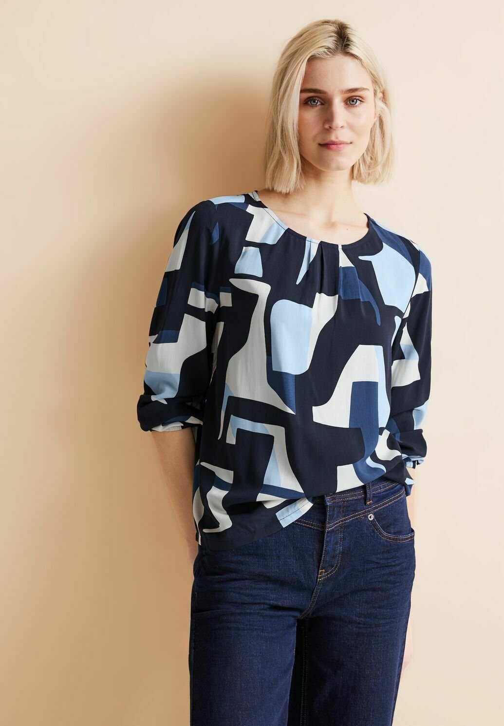 STREET ONE Damen Bluse A344953 Aus Melange-Viskose – Rundhals, 3/4-Ärmel Mit Raffung, Gr. 36