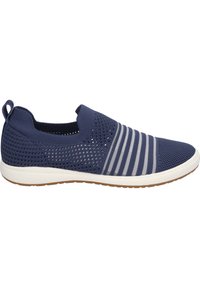 Navy mesh slip-on shoes with gray stripe accents, lightweight design, round toe, white sole, and a textured pattern on the upper.