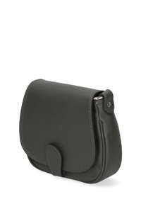 Borsa a tracolla in pelle grigia scura con forma arrotondata, chiusura magnetica e cuciture in contrasto. Design compatto adatto per l'uso quotidiano.