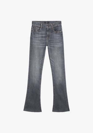 Szare dżinsy o rozszerzanych nogawkach z denimu, z talią na wysokości średniego poziomu, z pięcioma kieszeniami oraz wyblakłym wykończeniem. Posiadają detale przeszyć i klasyczne zapięcie na guzik.