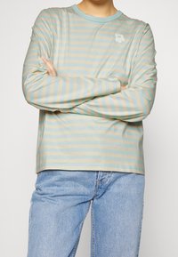 Ljusblå långärmad skjorta med ljusbruna horisontella ränder; har en liten blommig design på bröstet och rundad halsringning.