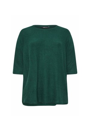 T-shirt surdimensionné vert foncé avec des manches courtes, un col rond et une texture douce. Il présente une coupe décontractée et un léger motif chiné.