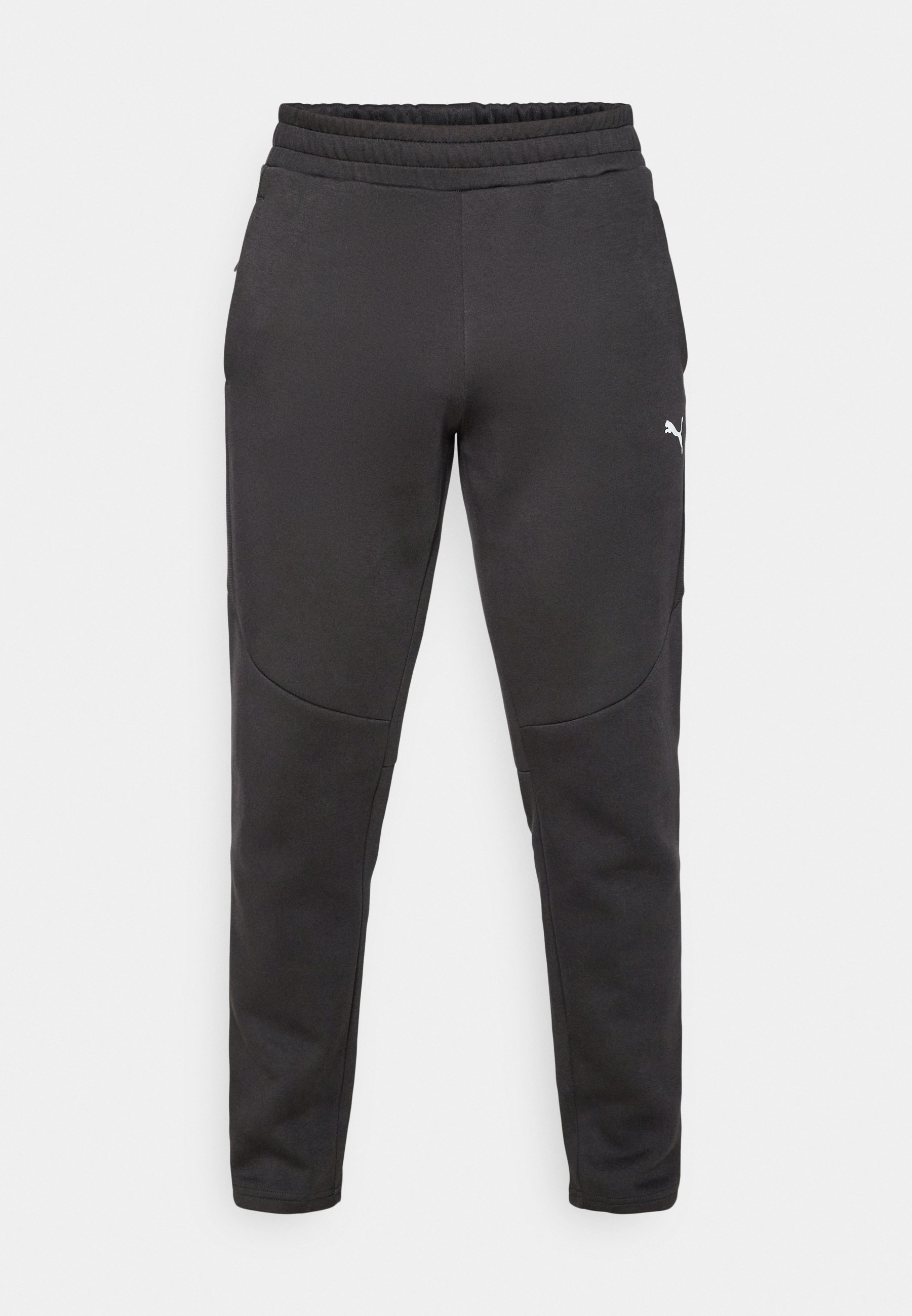 Black sweatpants made of soft material, featuring a drawstring waistband, side pockets, and subtle logo detail on the left thigh.