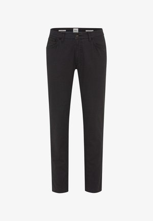 Schwarze Jeans aus Denim im Slim-Fit. Fünf Taschen, sichtbare Nähte und ein Reißverschluss. Glatte Textur, lässiges Design.